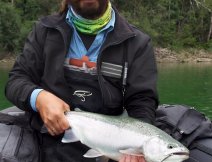 Another beautiful specimen of a large rainbow trout caught from Belly-Boat, which did not resist the small fish streamer.