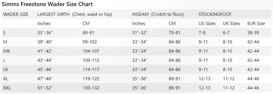 Bone Dry Waders Size Chart