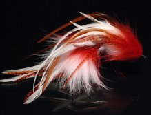 This is another replot stinger mack (II) tied with red and white raccoon fur, white Chinese  cock saddles & hot orange microbarb saddles