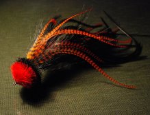 This one has been toed with only black bucktail, black and hot hot orange grizzly microbarb  saddles. The head is red and black deer hair