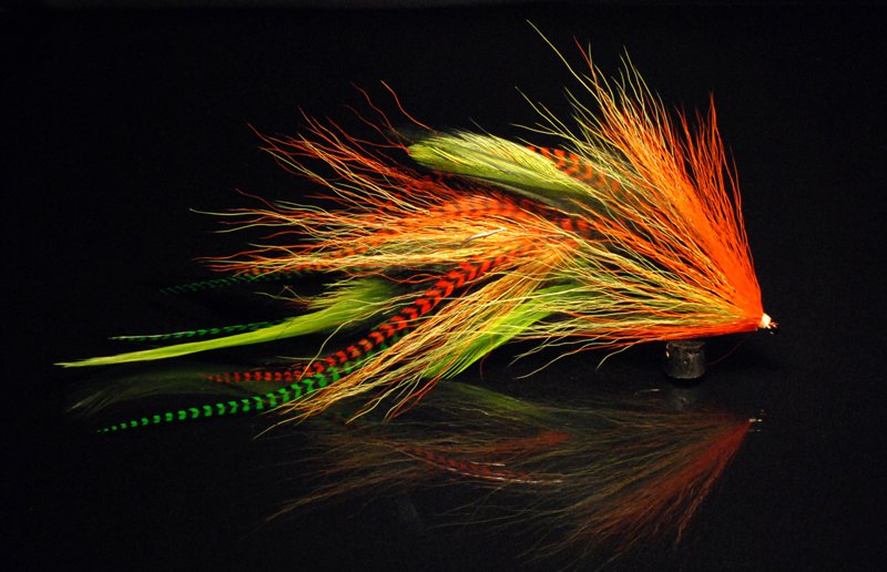 This is a mix of Chartreuse , Orange & yellow bucktail combined with chartreuse Chinese cock hackles & hot orange and green grizzly microbarb saddles