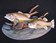 Double Largemouth Bass Replicas on Lakebottom Wall Display