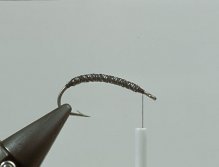 Step1  Put fine lead wire on the hook shank (two layers around the thorax). Optionally coat with varnish