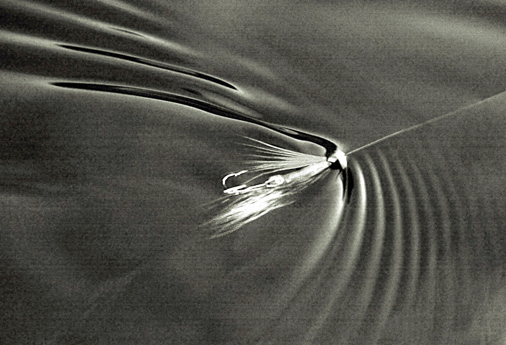 Here we see the action of the hitch tube in the water. It�s that riffle on the water that makes the salmon attack