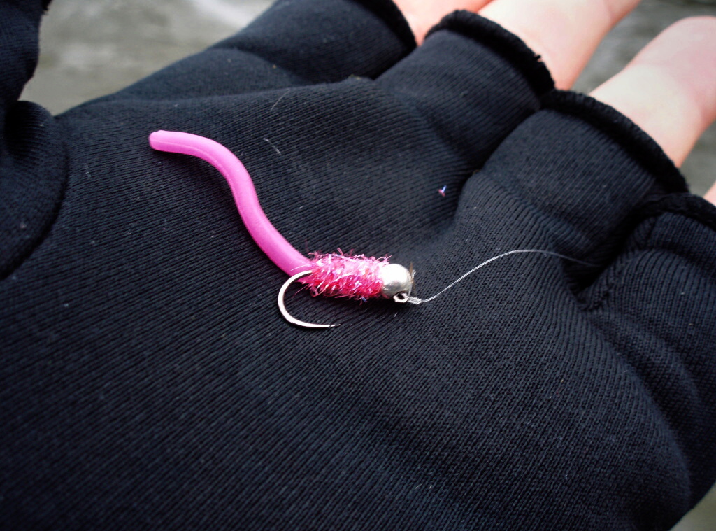Next choice for testing is "Hot Pink Worm"... Disgusting color, but grayling and rainbows love it!