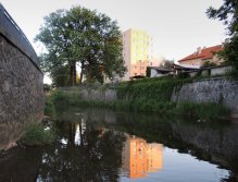 Upstream. Good place for barbell and bigger chub. I'm ready with dark colored wet fly.