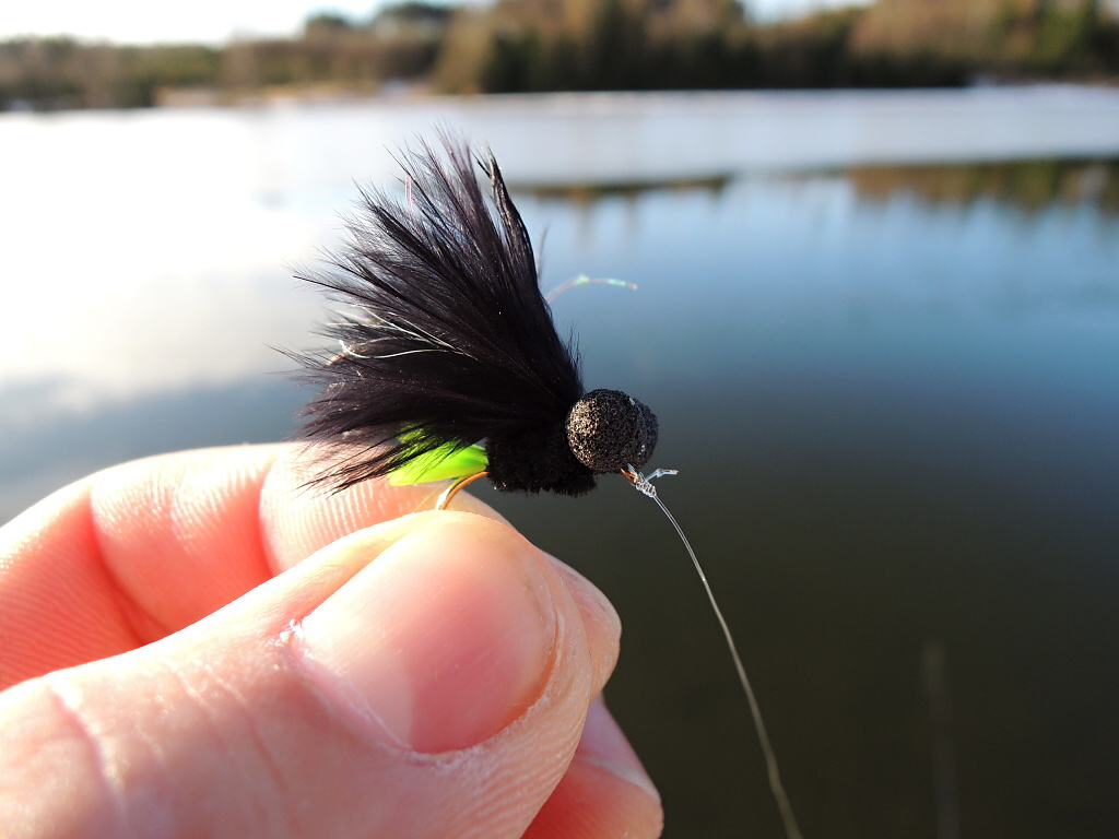 Booby variant of my favorite winter pattern for larger rainbow trout! A very good tactic of fishing is a very slow retrieve with sinking line near the bottom! In the case of fish strike, hook the fish by pulling line by your hand, not by moving the rod!