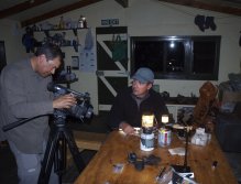 Preparing to film the fly tying sequence in the hut