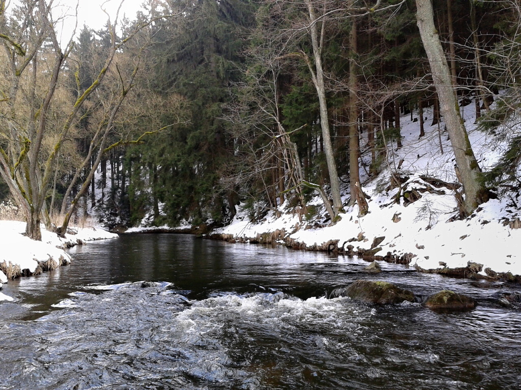 Another nice part of the river, where we can expect some fish in winter - not in the rapids, but in the pool over it. In winter the water is often crystal clear, so it is advisable to fish with thinner leader diameters and natural-looking nymph patterns.