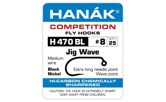 Fly Tying Hook Hanak Competition Jig Wave (H470BL) Fly Tying Hook Hanak Competition Jig Wave Black Nickel No 8, 25 pcs (H470BL)
