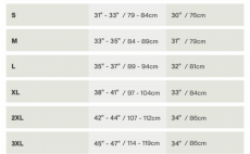 Challenger Insulated Bib Simms Black - Size Chart
