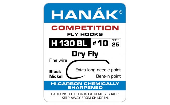 Fly Tying Hook Hanak Competition Dry Fly Bent-in Point (H130BL) Fly Tying Hook Hanak Competition Dry Fly Bent-in Point Black Nickel No 10, 25 pcs (H130BL)