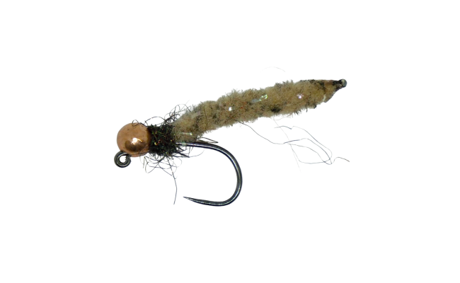 Tungsten Jig MOP Fly Beige Body Peacock & Gold Tungsten Jig MOP Fly Beige Body Peacock & Gold, Size 14