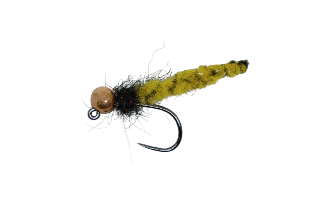 Tungsten Jig MOP Fly Yellow Body Peacock & Copper Tungsten Jig MOP Fly Yellow Body Peacock & Copper, Size 14