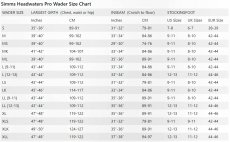 Fishing Waders Simms Headwaters Pro Stockingfoot - Size Chart